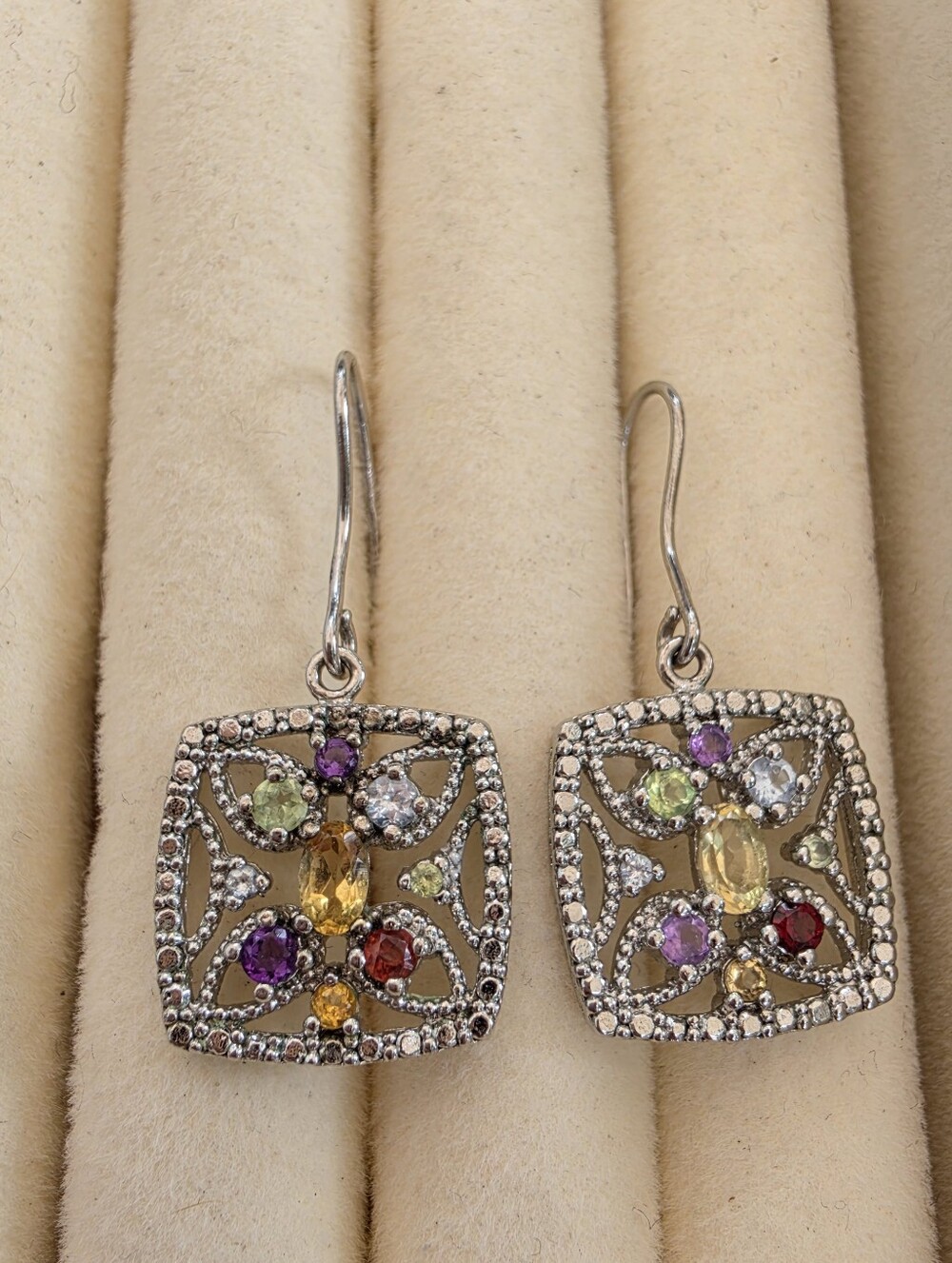 FAS 925 Sterling Silver Multi Gemstone Openwork Square Drop Earrings • 5.33g